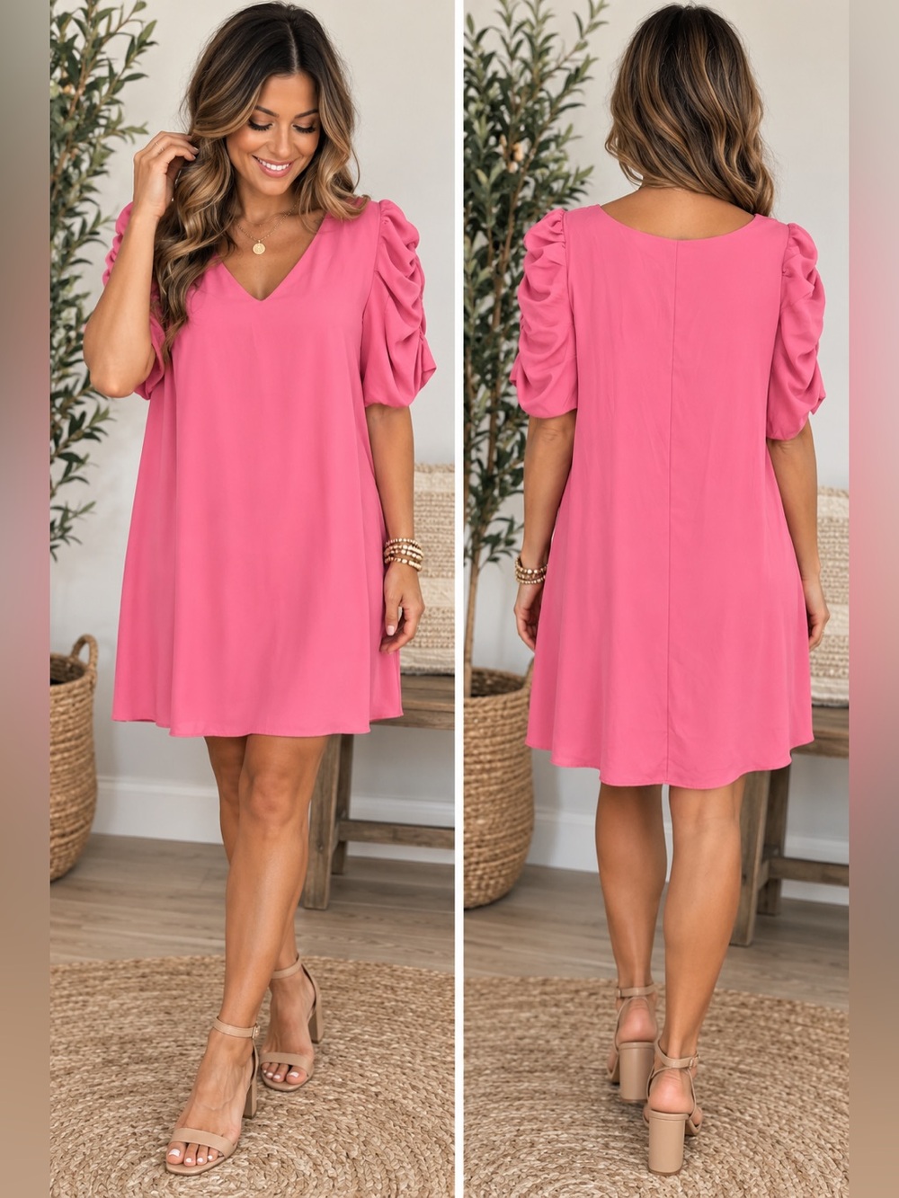 NWT Adrienne Bubblegum Pink V-Neck Ruched Sleeve Dress Size Medium
